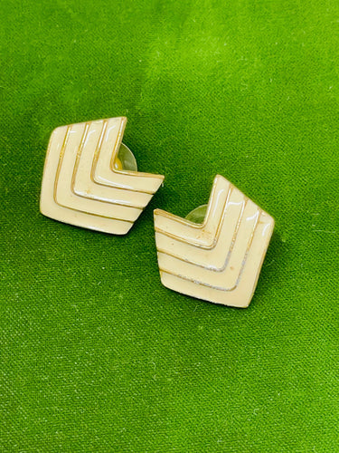 White and Gold Enamel Shield Earrings Devil's Details